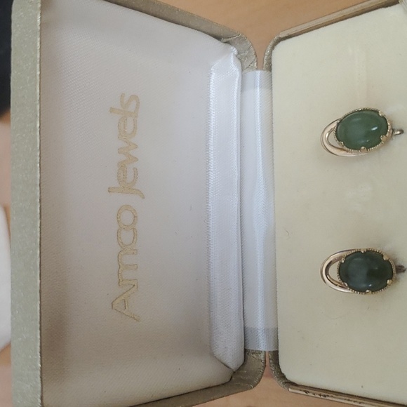 Vintage Amco Jewels Genuine Jade Earring Set 14KT Gold Overlay - Picture 6 of 14